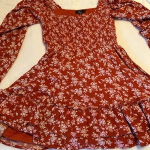 Rust colored balloon sleeve ruffled dress